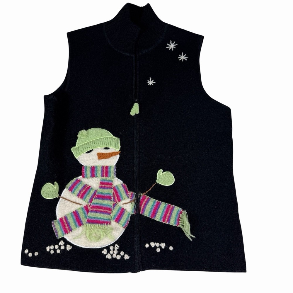 Vtg Coldwaterβ Creek Snowman Holiday Christmas Zip Vest Womens Medium Wool Black